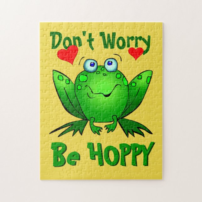 Dont Worry Be Hoppy Cute Green Frog w Hearts Jigsaw Puzzle (Vertical)