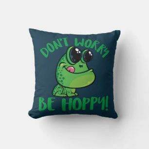 Don't Worry Be Hoppy Smiling Cartoon Frog Cushion