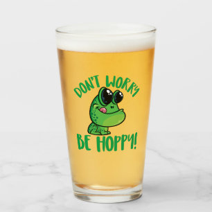 Don't Worry Be Hoppy Smiling Cartoon Frog Glass