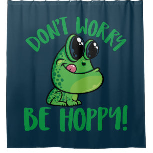 Don't Worry Be Hoppy Smiling Cartoon Frog Shower Curtain