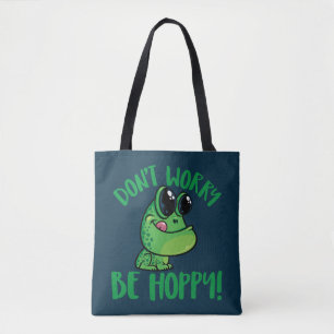 Don't Worry Be Hoppy Smiling Cartoon Frog Tote Bag