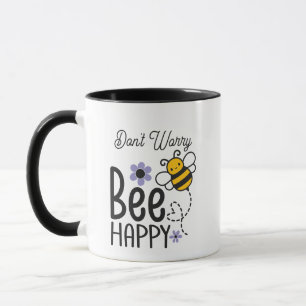 Don't Worry Bee Happy purple flowers Mug