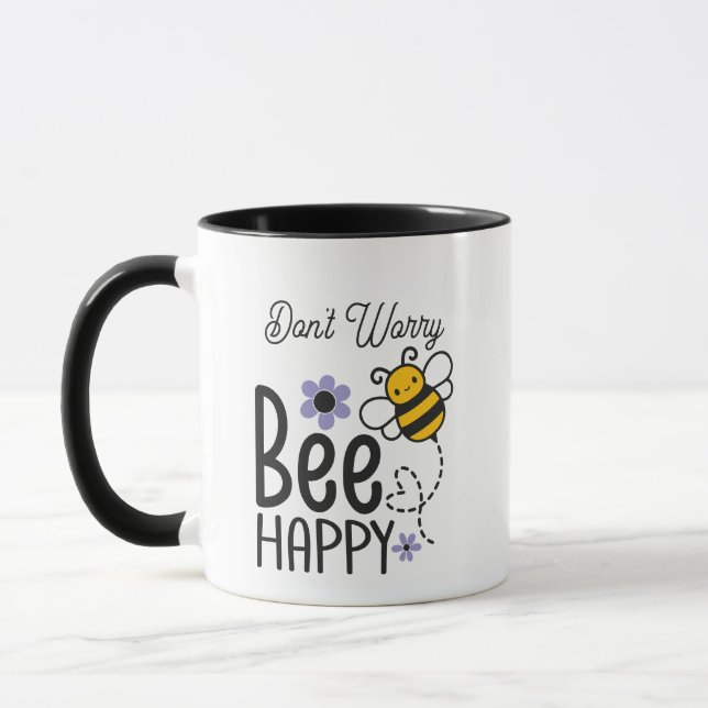 Don't Worry Bee Happy purple flowers Mug (Left)
