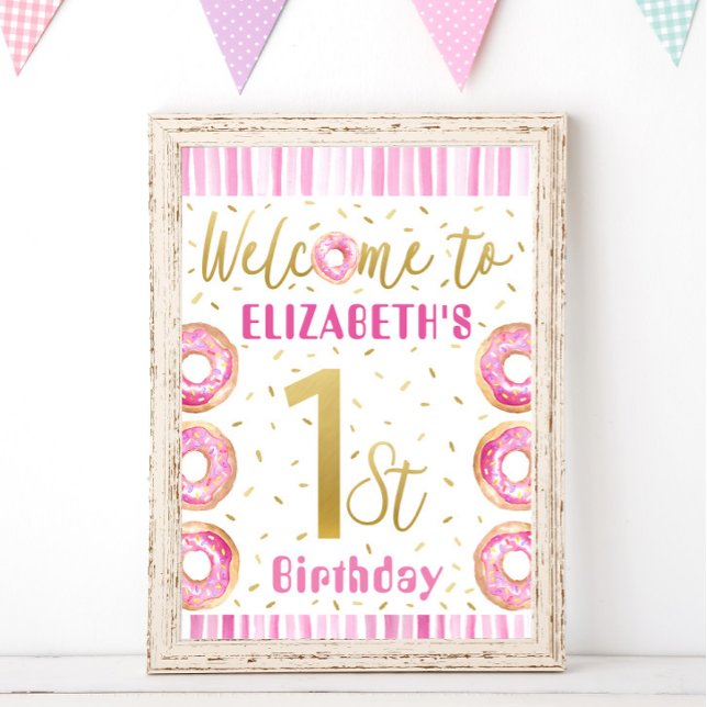 Donut 1st Birthday Welcome Pink and Gold Poster (Creator Uploaded)