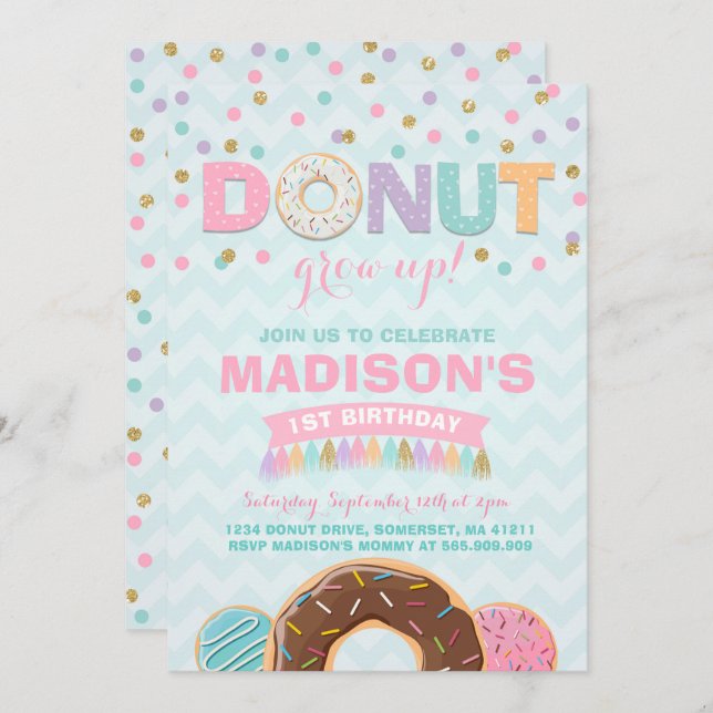 Donut Birthday Invitation Donut Grow Up Party (Front/Back)
