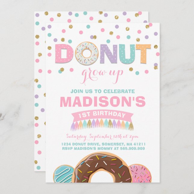 Donut Birthday Invitation Donut Grow Up Party (Front/Back)
