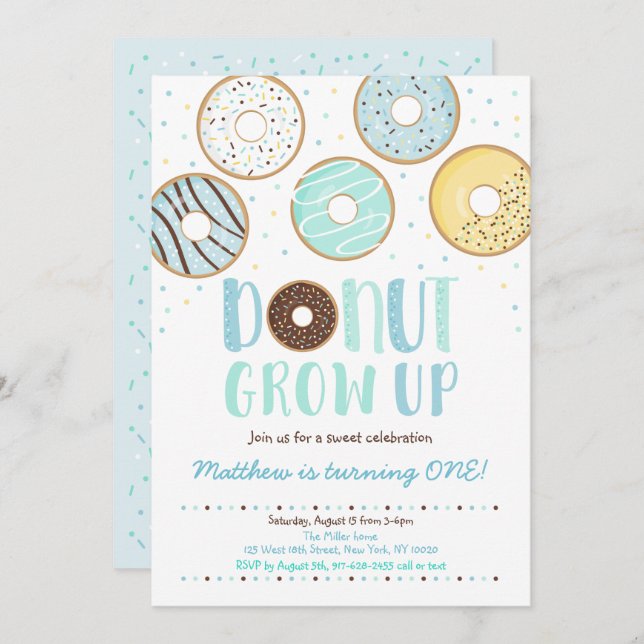 DONUT Grow Up Blue Doughnut Boy Birthday Invitation (Front/Back)