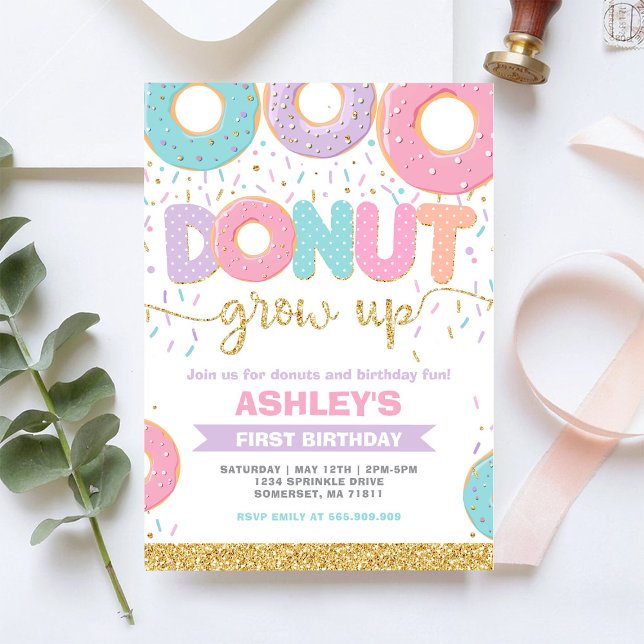 Donut Grow Up First 1st Birthday Invitation (Creator Uploaded)