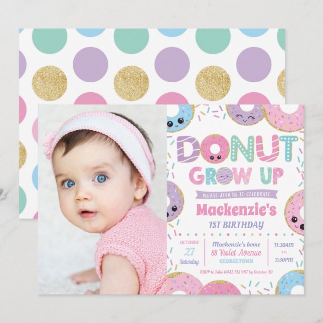 Donut Grow Up Kawaii Birthday Photo Invitation (Front/Back)