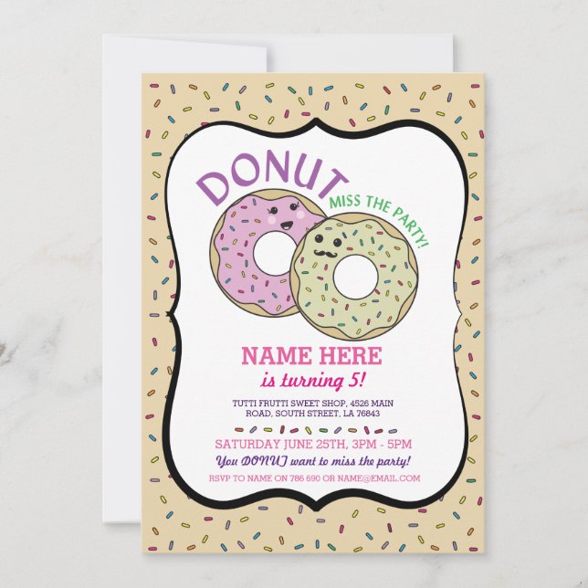 Donut Miss The Party Birthday Invite Doughnut Pink (Front)