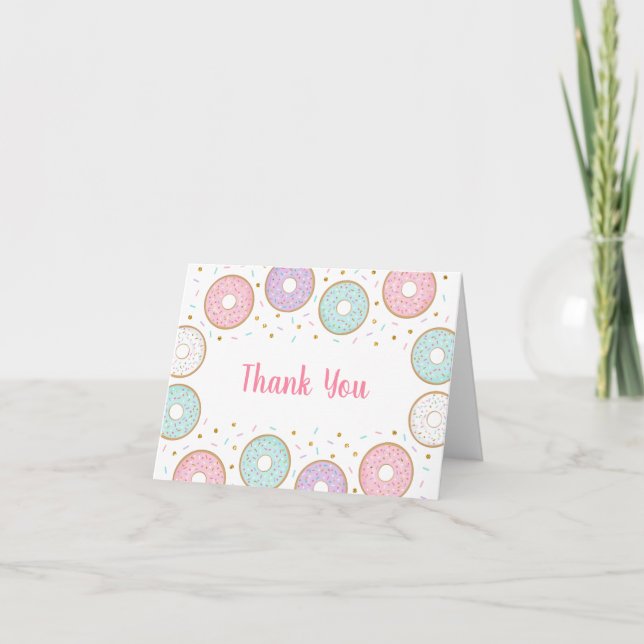 Donut Pink Gold Pastel Birthday Thank You Card (Front)