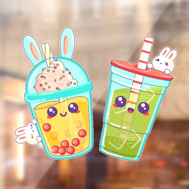 Donut Shop Bubble And Matcha Tea Bunny Cartoon  Window Cling (Sheet 2)
