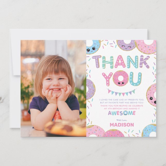 Donuts Donuts Sprinkles Birthday Party Photo Thank You Card (Front)