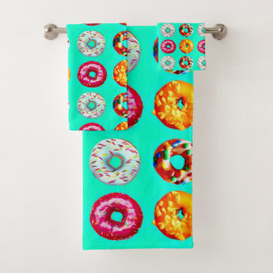 Donuts on turquoise bath towel set