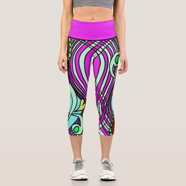 Doodle 103 Pink Abstract Capri Leggings (Front)