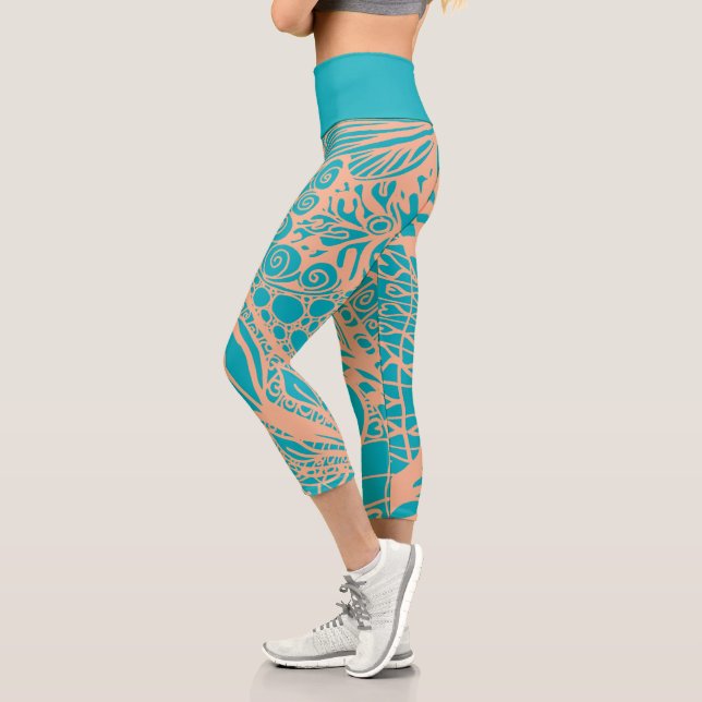 Doodle 1E Aqua Peach 1 Capri Leggings (Left)