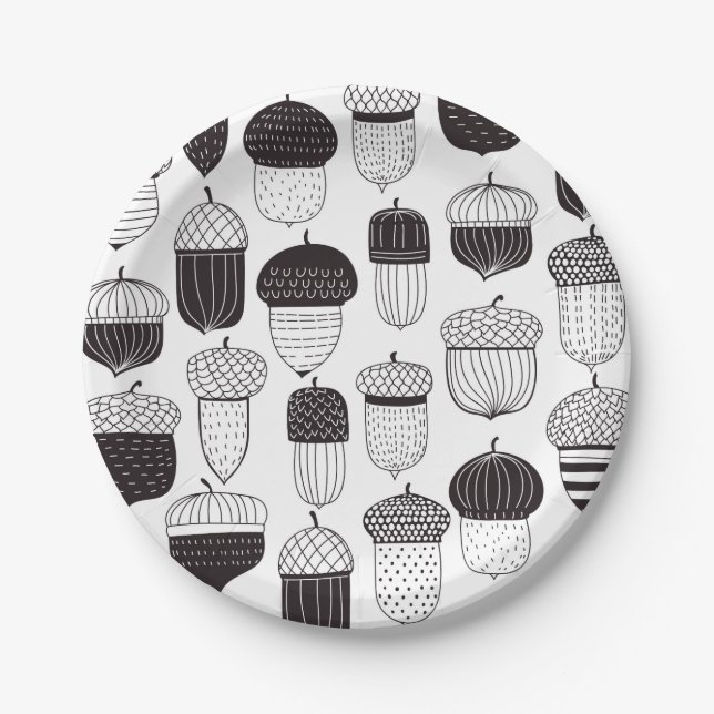 Doodle acorns autumn pattern paper plate (Front)