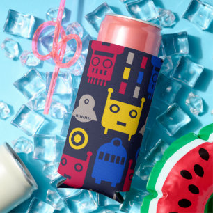 Doodle Alien Spaceship and Robot Pattern Seltzer Can Cooler