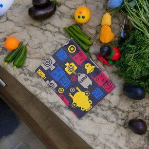 Doodle Alien Spaceship and Robot Pattern Tea Towel