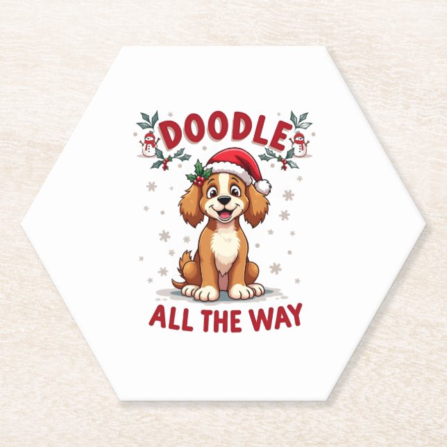 Doodle All The Way Funny Goldendoodle Santa Hat Ch Paper Coaster (Front)