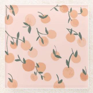 Doodle Art: Orange Cherry Vintage Pattern Glass Coaster