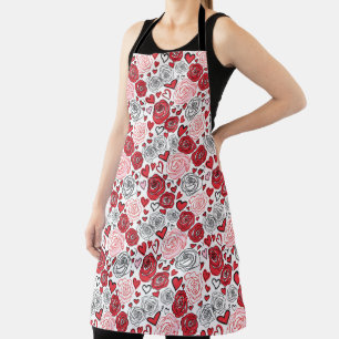 Doodle Art Style Red Pink Roses Hearts Valentine's Apron
