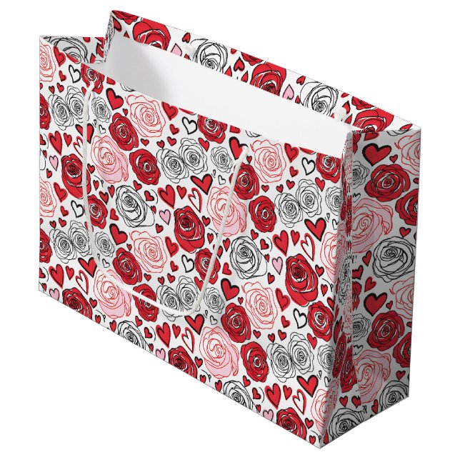 Doodle Art Style Red Pink Roses Hearts Valentine's Large Gift Bag (Front Angled)