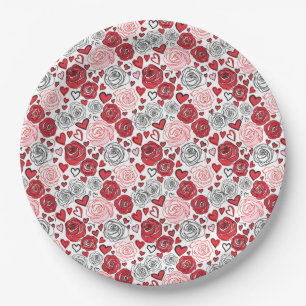 Doodle Art Style Red Pink Roses Hearts Valentine's Paper Plate