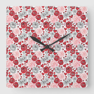 Doodle Art Style Red Pink Roses Hearts Valentine's Square Wall Clock