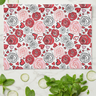 Doodle Art Style Red Pink Roses Hearts Valentine's Tea Towel