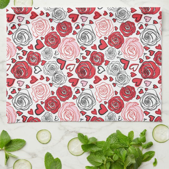Doodle Art Style Red Pink Roses Hearts Valentine's Tea Towel (Folded)