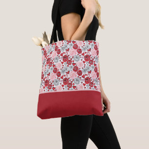 Doodle Art Style Red Pink Roses Hearts Valentine's Tote Bag
