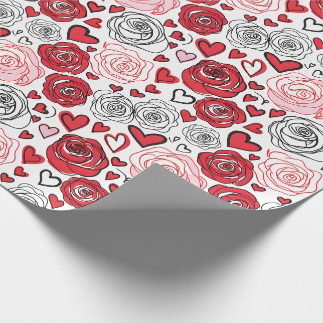 Doodle Art Style Red Pink Roses Hearts Valentine's Wrapping Paper (Corner)