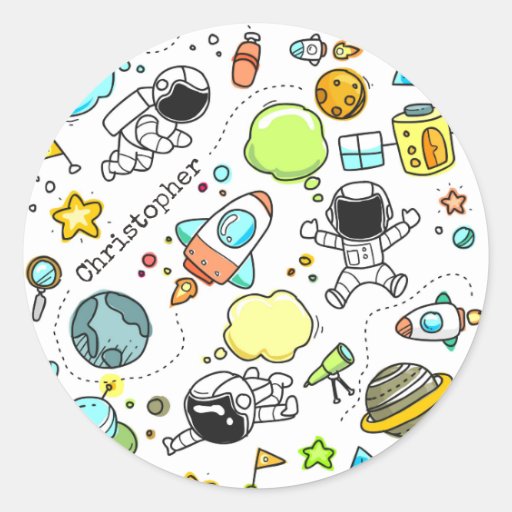 Image of Doodle Astronaut Space Planets Name Label
