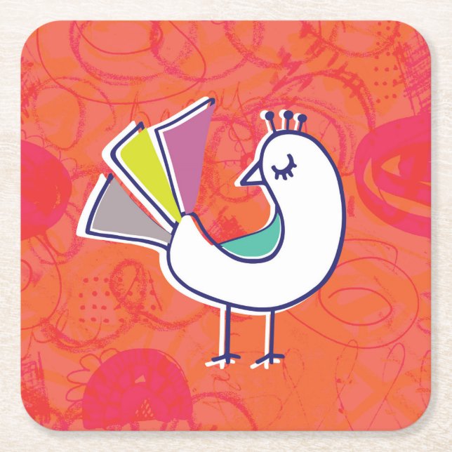 Doodle Bird Square Paper Coaster (Front)