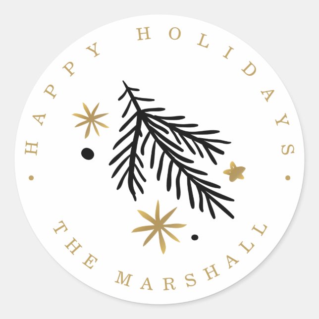 Doodle black gold pine Christmas Happy holidays Classic Round Sticker (Front)