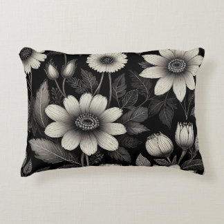 Doodle Black & White flowers graphic illustration  Decorative Cushion