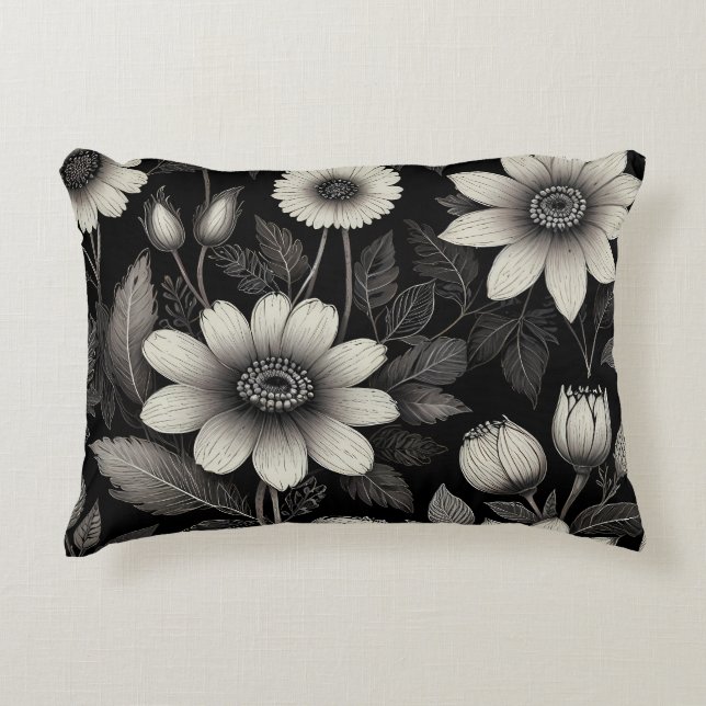 Doodle Black & White flowers graphic illustration  Decorative Cushion (Front)