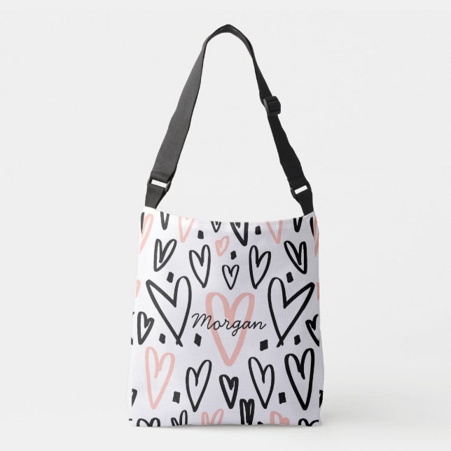 Doodle Blush and Black Hearts Monogram Crossbody Bag (Front)