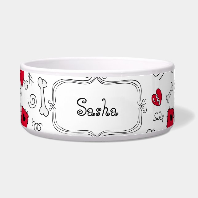 Doodle Bones and Hearts personalised pet bowl (Front)