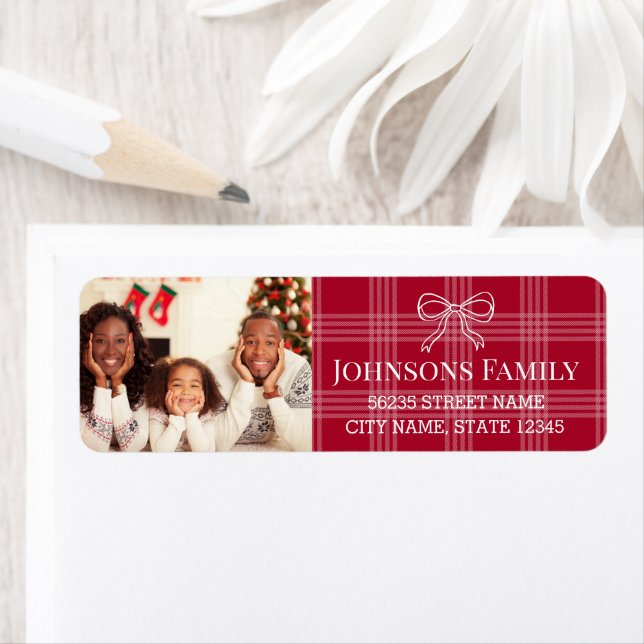  doodle bow photo red plaid Return Address Label (Insitu)