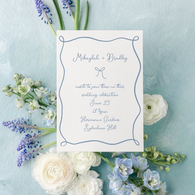 Doodle Bow & Ribbon Dusty Blue Wedding Invitation (Creator Uploaded)