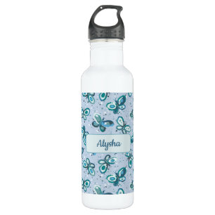 Doodle Bugs Butterflies - blue - custom name kids. 710 Ml Water Bottle