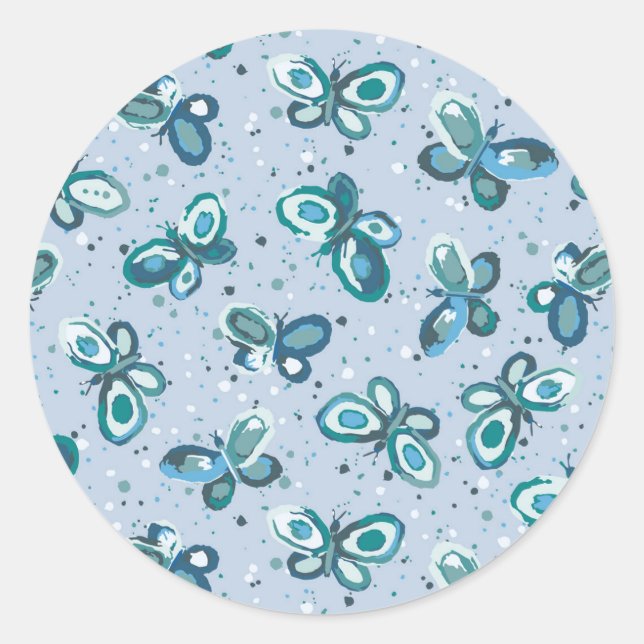 Doodle Bugs Butterflies - blue - seamless pattern. Classic Round Sticker (Front)