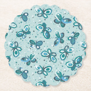 Doodle Bugs Butterflies - turquoise - pattern. Paper Coaster