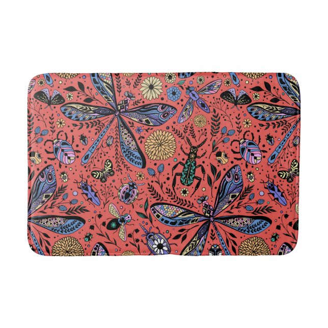 Doodle bugs on coral red bath mat (Front)