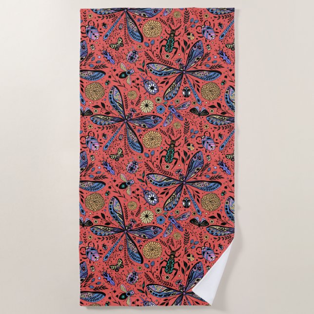 Doodle bugs on coral red beach towel (Front)