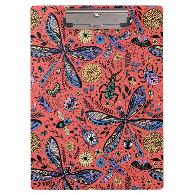 Doodle bugs on coral red clipboard (Front)