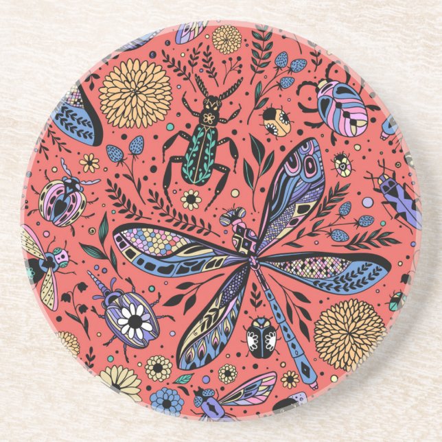 Doodle bugs on coral red coaster (Front)