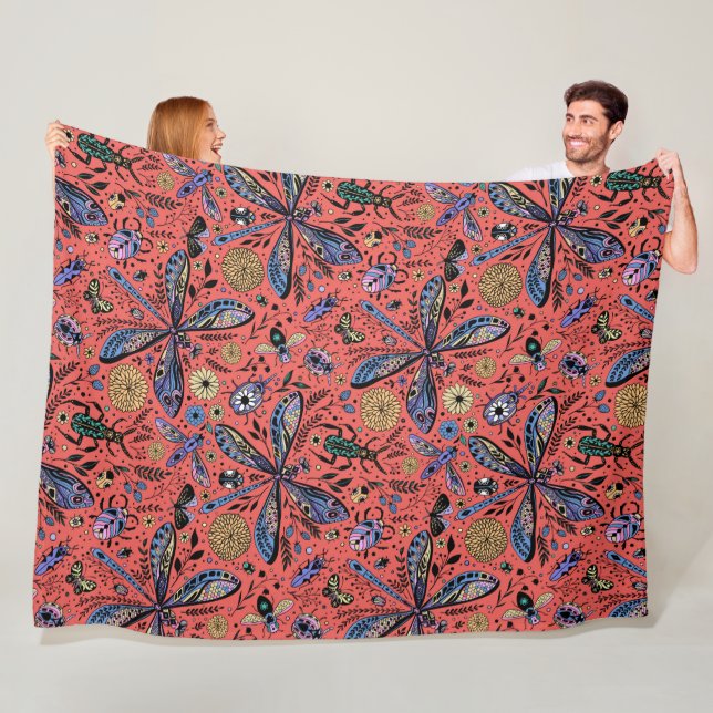 Doodle bugs on coral red fleece blanket (In Situ)